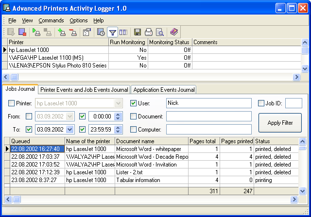 Advanced Printers Activity Logger screen shot